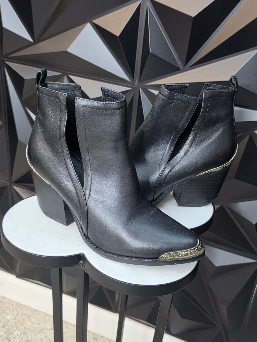 Catherine Malandrino Black Leather Cutout Ankle Boots with Metallic Toe